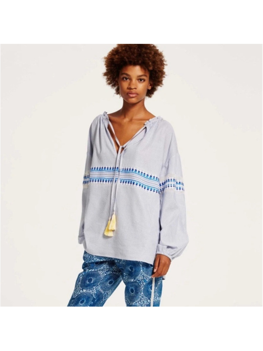 Lemlem Women’s Blue and White Striped Top Cotton Blend Bohemian Tassels Size XS